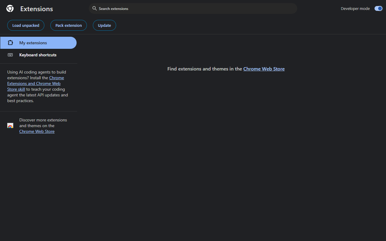 Chrome's extensions page with the Developer mode switch on at the top right and the Load unpacked button at the top left