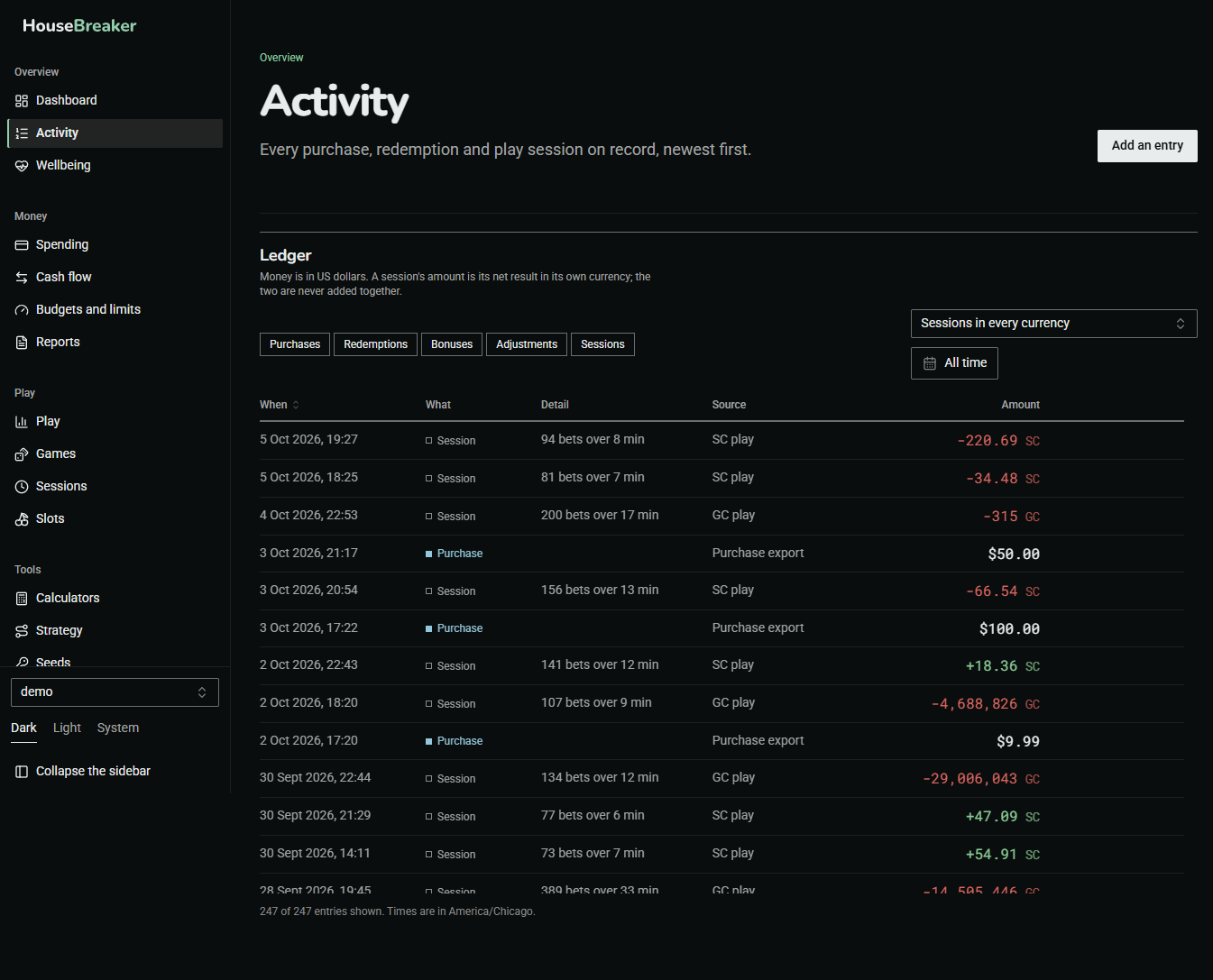 The Activity screen: one list of purchases, redemptions and play sessions, newest first