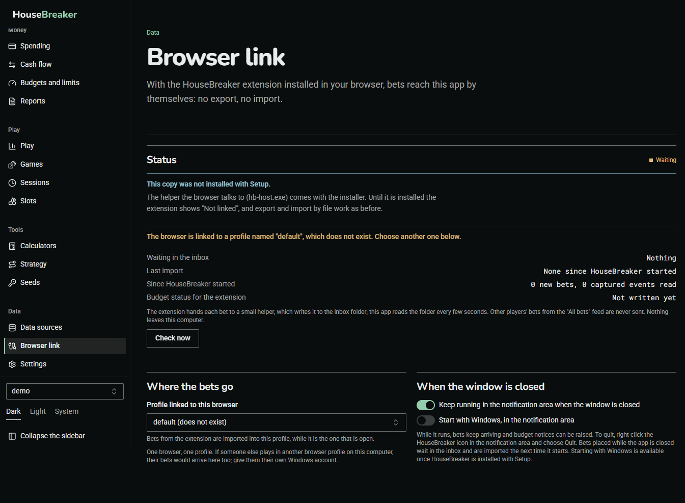 The Browser link screen: the link's status, where the bets go, and what happens when the window is closed