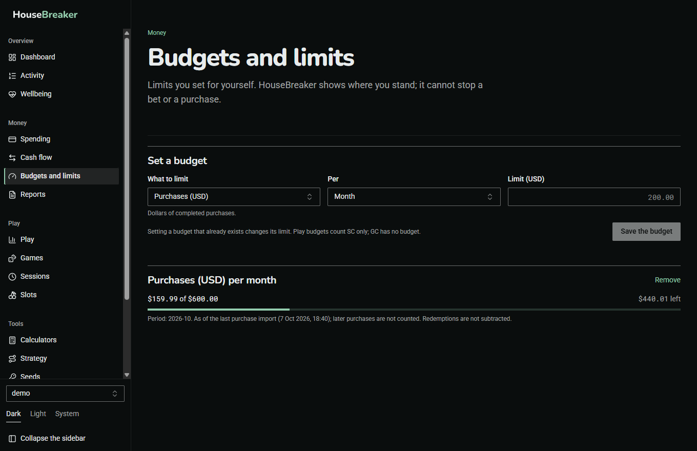 The Budgets and limits screen: each budget with a bar showing the share used