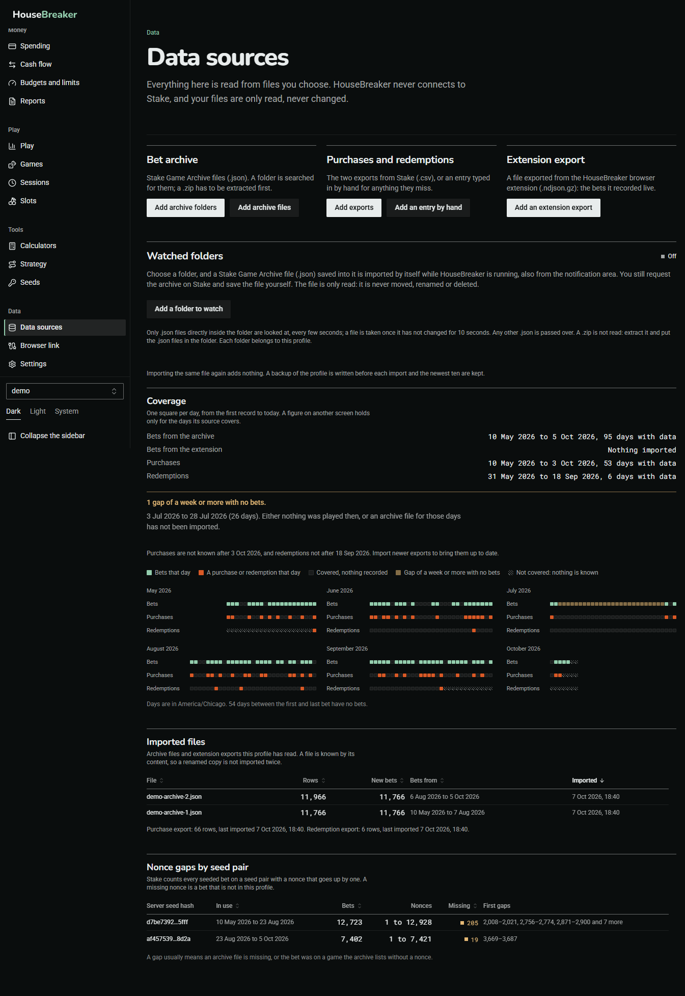 The Data sources screen: bet archive, purchases and redemptions, and extension export, each with its own import button