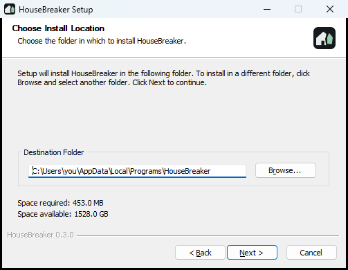 The installer's Choose Install Location page, with the destination folder and the Browse button