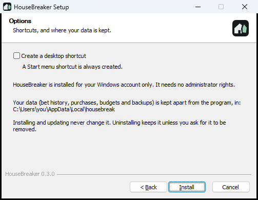 The installer's Options page, with the box "Create a desktop shortcut" and a line saying where the data is kept