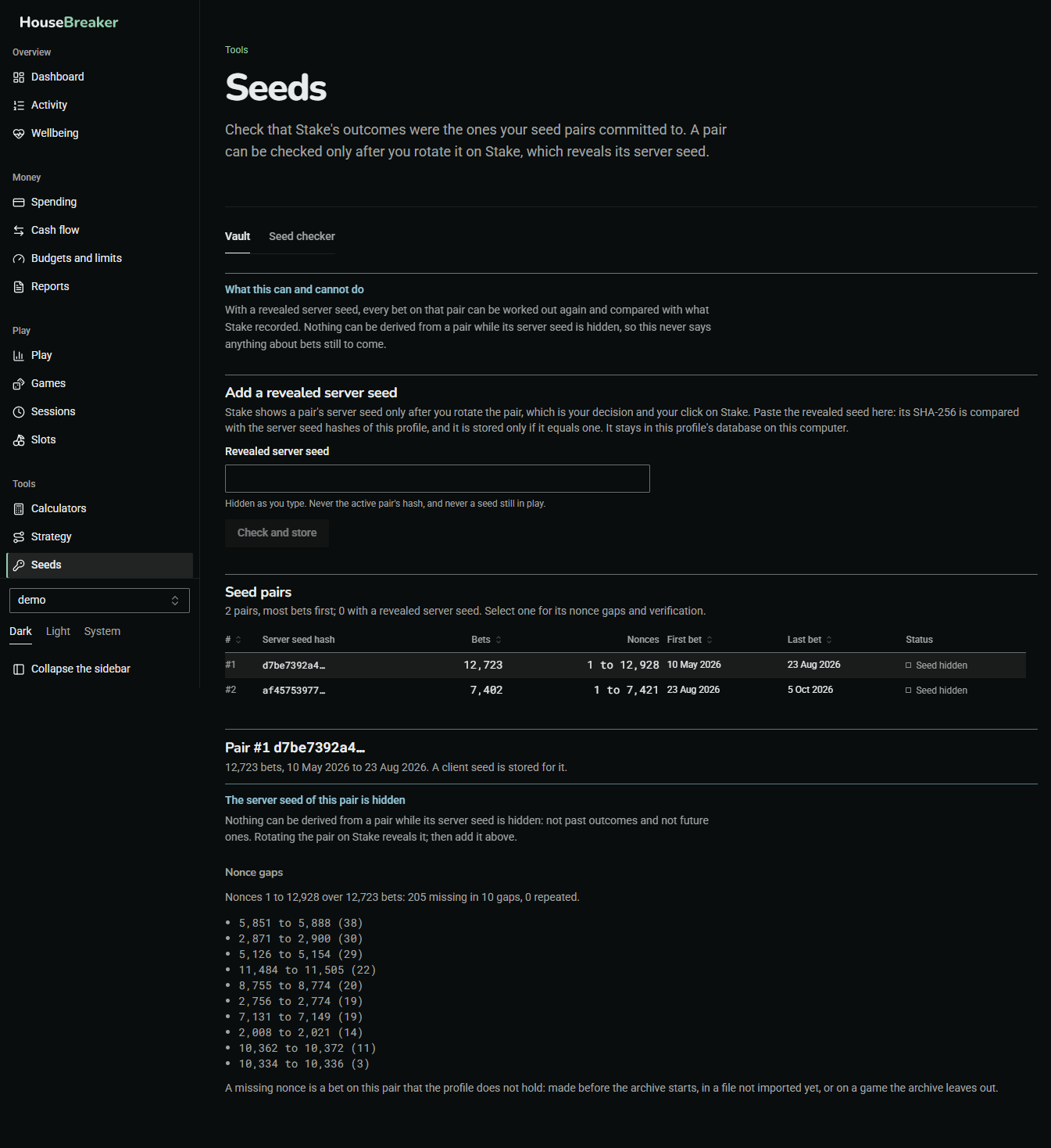 The Seeds screen: the seed pairs on record, and the checker for a revealed server seed