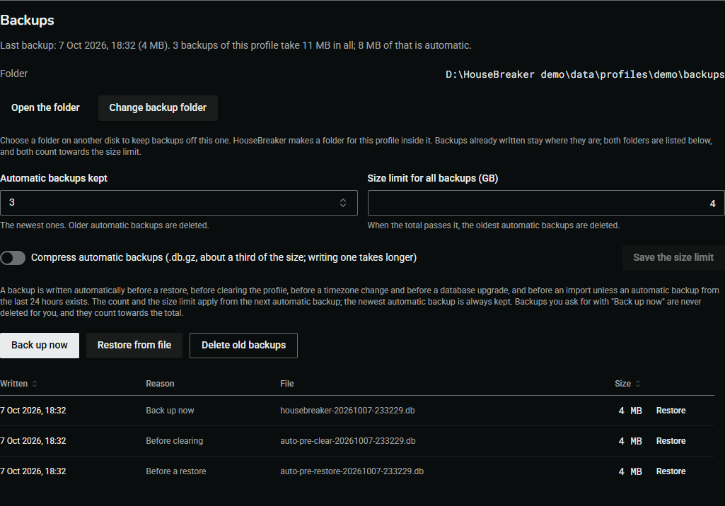 The Backups card: the folder, the total size, each backup with its reason, size and date, and the buttons