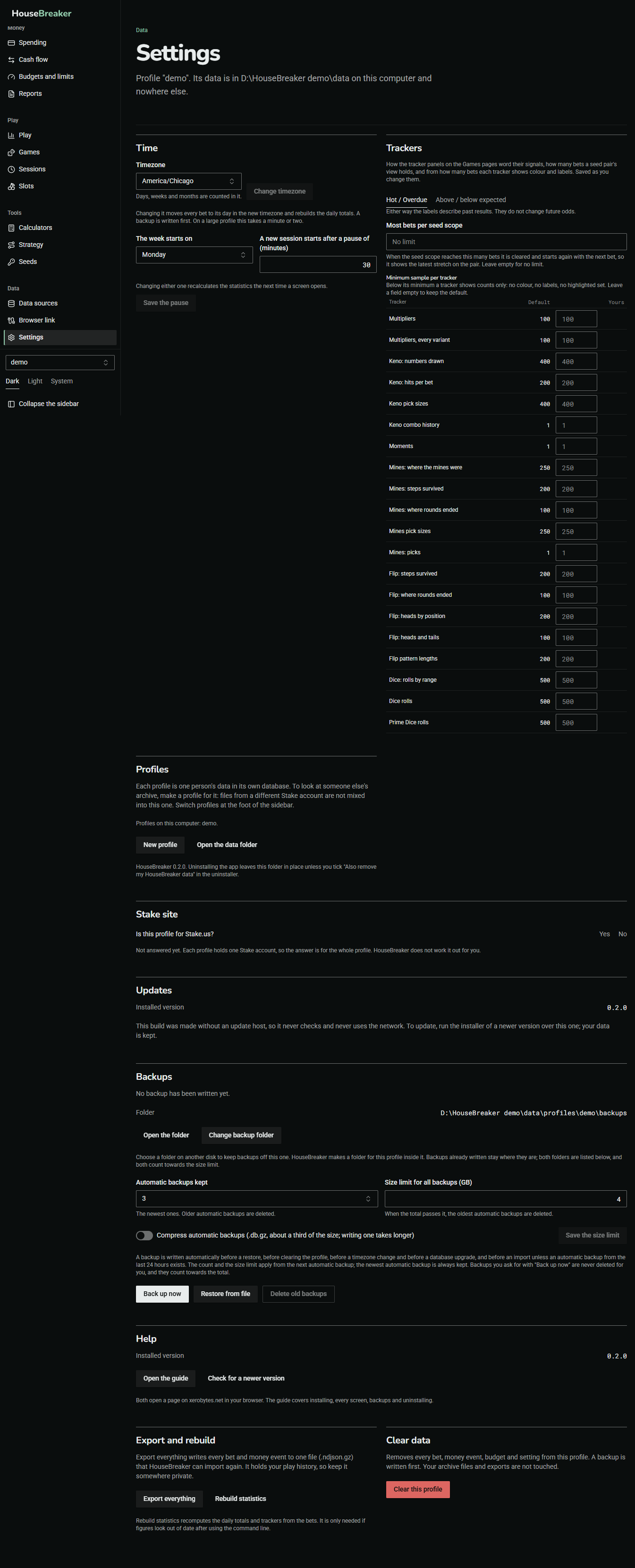 The Settings screen: time, trackers, profiles, the Stake site, updates, backups, help, export and clearing a profile