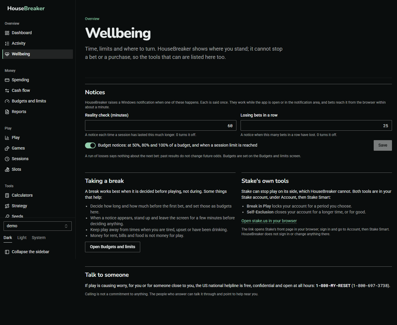 The Wellbeing screen: notices, taking a break, Stake's own tools, and where to talk to someone