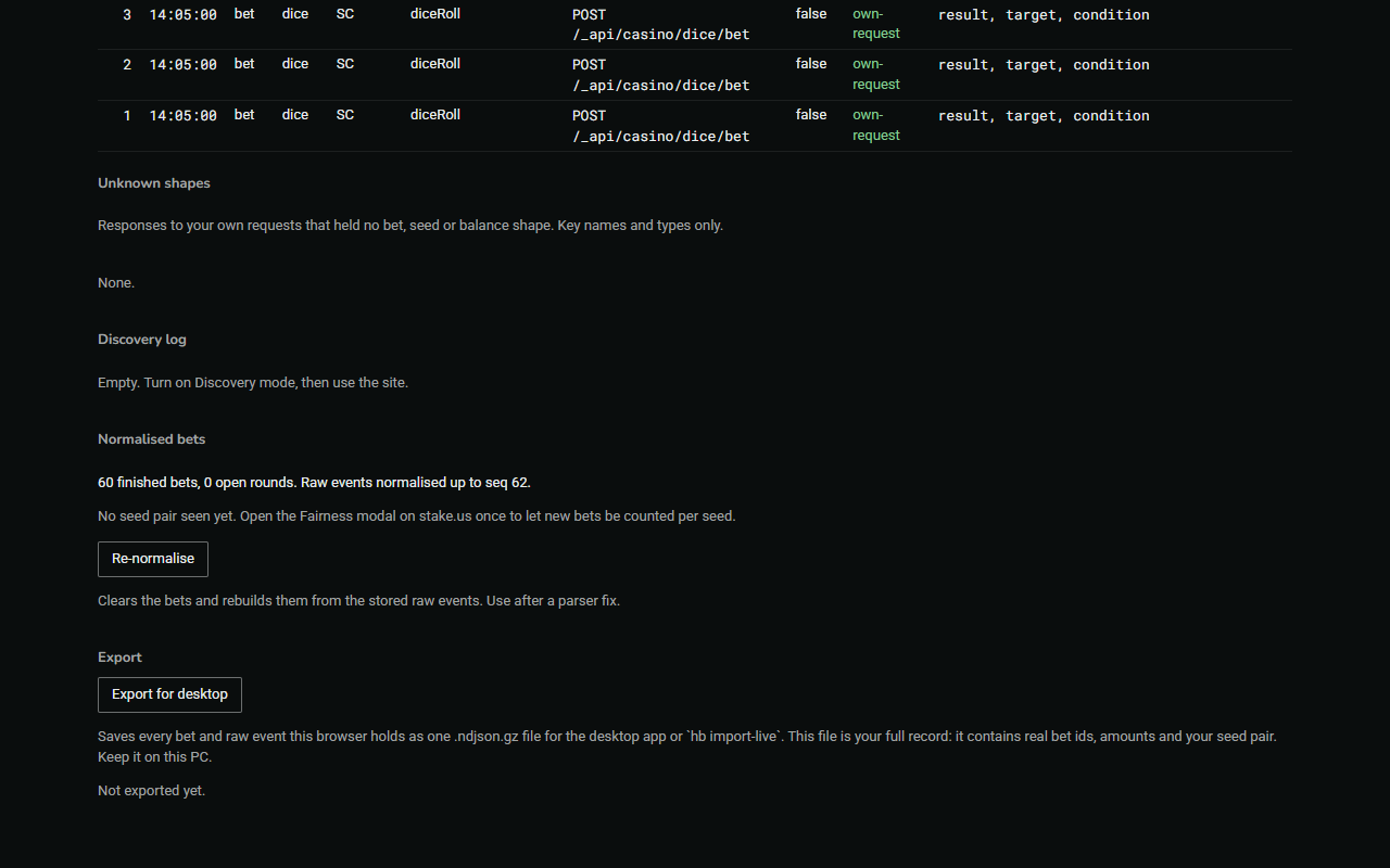 The Export section at the foot of the Diagnostics page