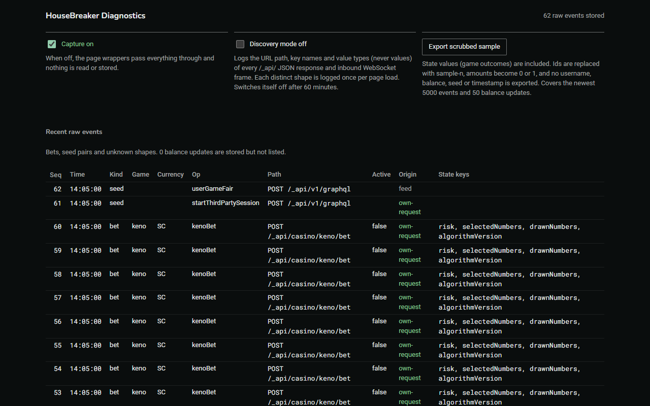 The Diagnostics page: the capture switch, discovery mode, the scrubbed-sample export, and the list of recent raw events