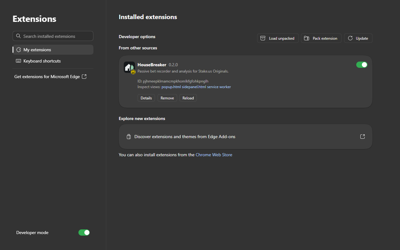 Edge's extensions page with the Developer mode switch on at the bottom left, the Load unpacked button at the top right, and HouseBreaker listed under "From other sources"