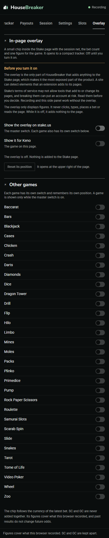 The Overlay tab: the notice to read before turning it on, the master switch, the switch for the game on the page, and a switch for every other game