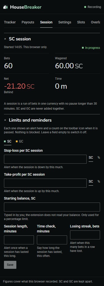The Session tab: bets, wagered, net and time for the SC session in progress, with the limits and reminders form below