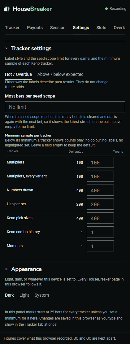 The Settings tab: label style, the seed-scope limit, minimum samples and the theme switch