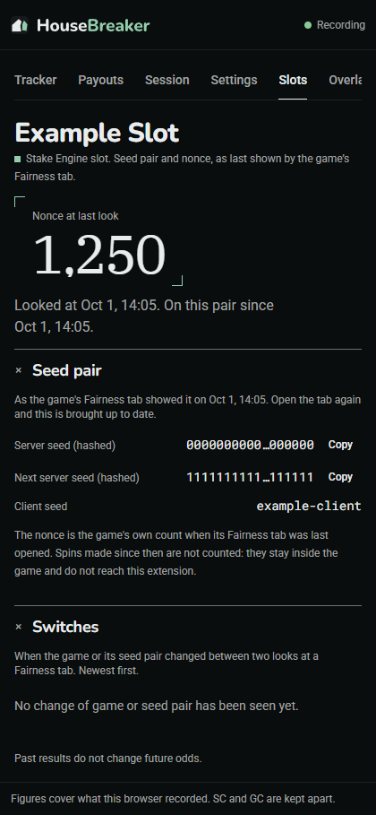 The Slots tab for an example slot: the nonce at last look, and the hashed server seed, next server seed and client seed with Copy buttons