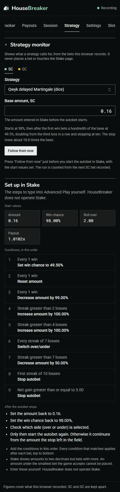 The Strategy tab on Dice: the strategy monitor with a strategy, a base amount and the Follow from now button
